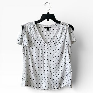 Banana Republic Soft Satin Flutter Sleeve Top Women's XSP Black White Polka Dot